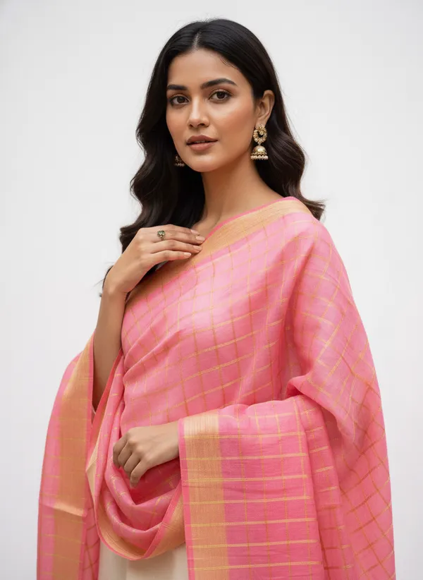 Light_Pink_Banarasi_Thread_Work_Checkered_Dupatta_For_Women