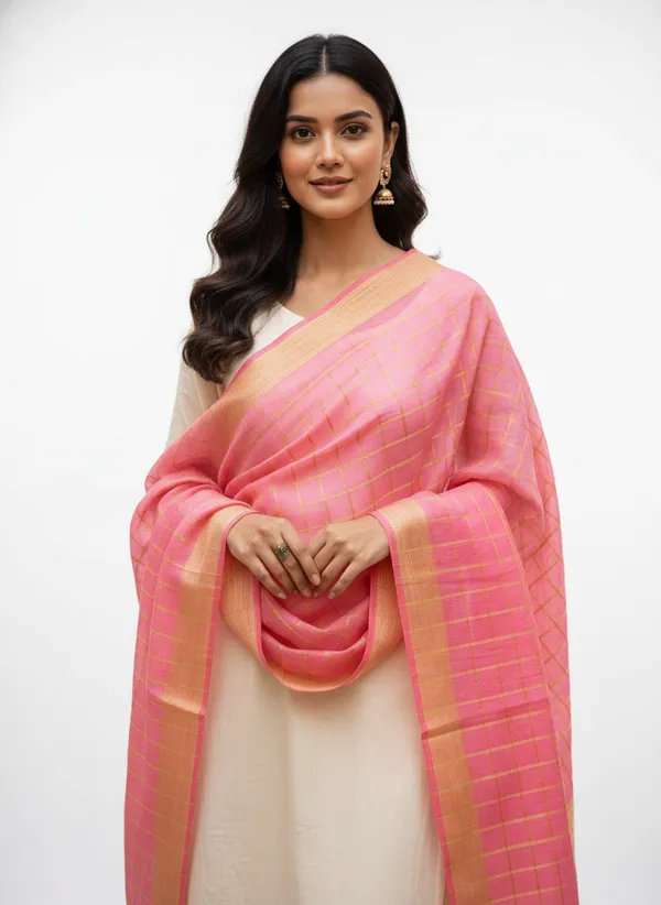 Light_Pink_Banarasi_Thread_Work_Checkered_Dupatta_For_Women