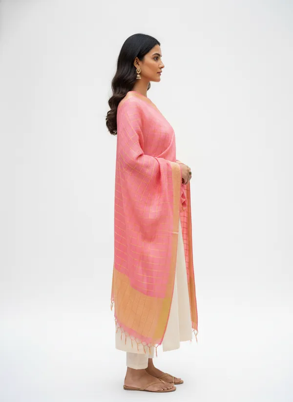 Light_Pink_Banarasi_Thread_Work_Checkered_Dupatta_For_Women