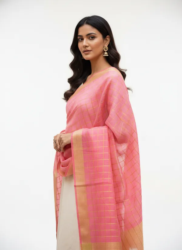 Light_Pink_Banarasi_Thread_Work_Checkered_Dupatta_For_Women