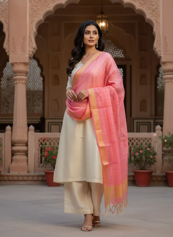 Light_Pink_Banarasi_Thread_Work_Checkered_Dupatta_For_Women