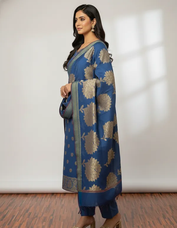 Blue_Banarasi_Women's_Unstitched_Suit_Material_With_Dupatta_For_Women
