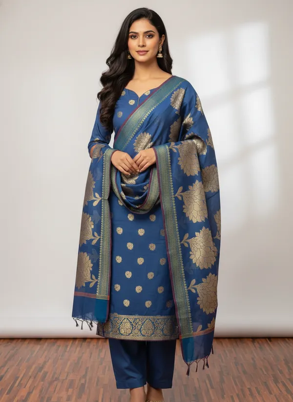 Blue_Banarasi_Women's_Unstitched_Suit_Material_With_Dupatta_For_Women