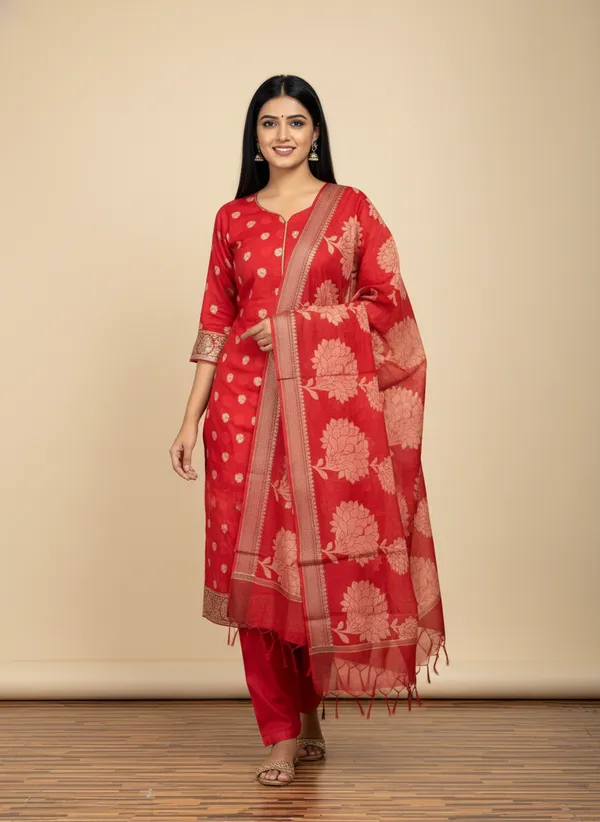 Red_Banarasi_Women's_Unstitched_Suit_Material_With_Dupatta_For_Women