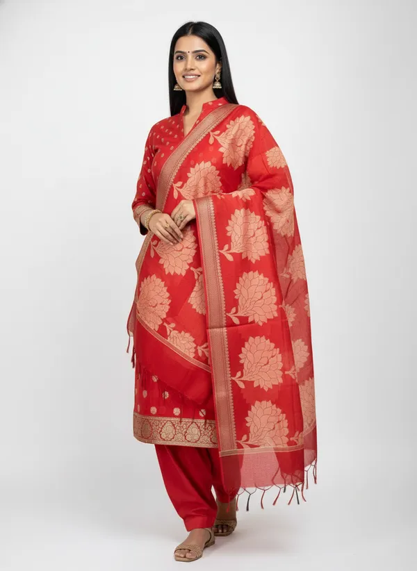 Red_Banarasi_Women's_Unstitched_Suit_Material_With_Dupatta_For_Women