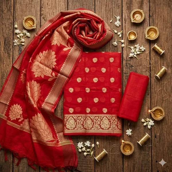 Red_Banarasi_Women's_Unstitched_Suit_Material_With_Dupatta_For_Women