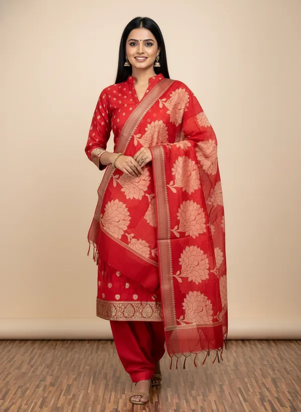 Red_Banarasi_Women's_Unstitched_Suit_Material_With_Dupatta_For_Women