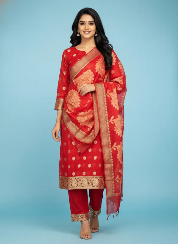 Red_Banarasi_Women's_Unstitched_Suit_Material_With_Dupatta_For_Women