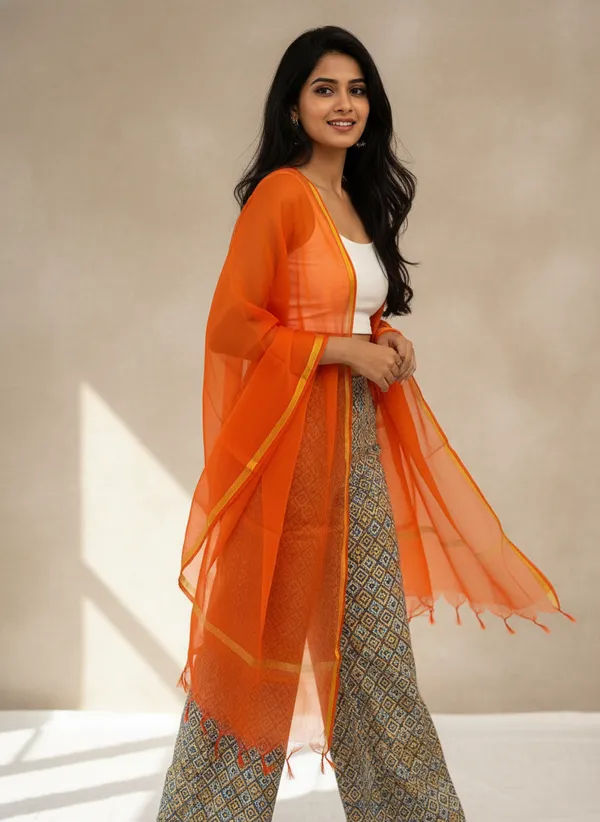 Orange_Banarasi_Plain_Dupatta_with_Zari_Border_for_Women_|_Lightweight_Traditional_Ethnic_Dupatta
