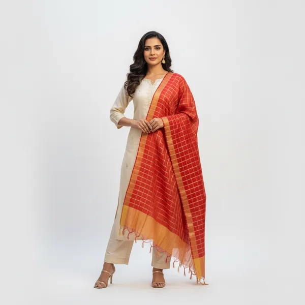 Red_Banarasi_Thread_Work_Checkered_Dupatta_For_Women