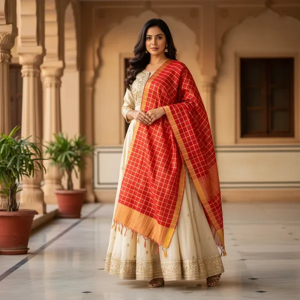 Red_Banarasi_Thread_Work_Checkered_Dupatta_For_Women