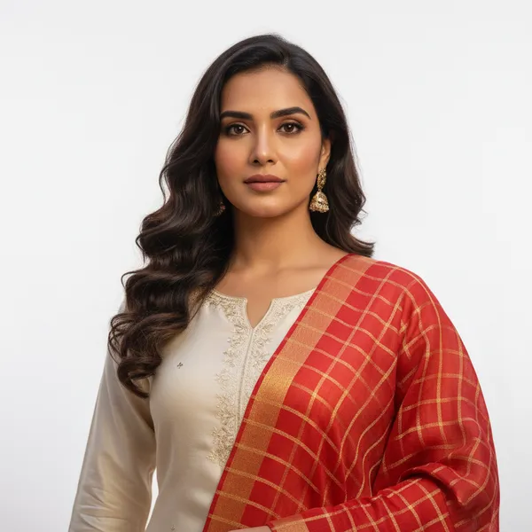 Red_Banarasi_Thread_Work_Checkered_Dupatta_For_Women