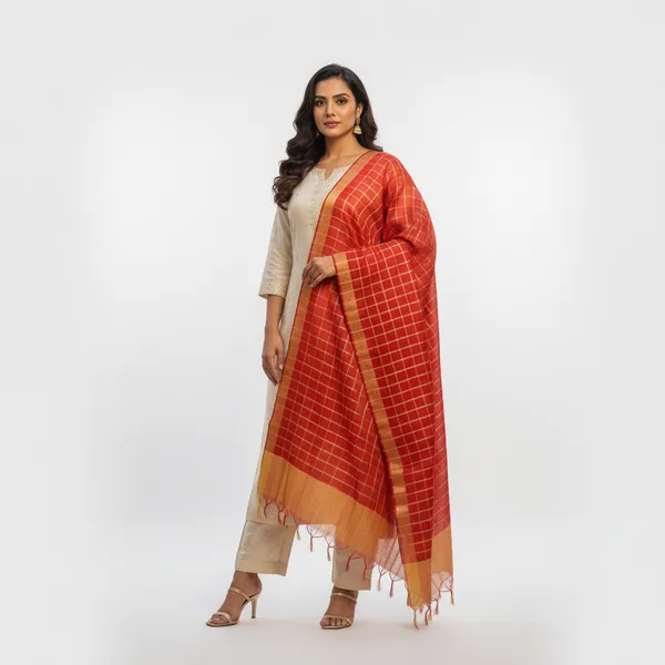 Red_Banarasi_Thread_Work_Checkered_Dupatta_For_Women