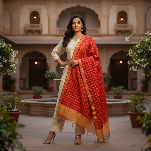 Red_Banarasi_Thread_Work_Checkered_Dupatta_For_Women