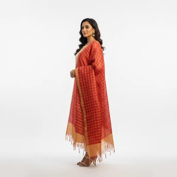 Red_Banarasi_Thread_Work_Checkered_Dupatta_For_Women