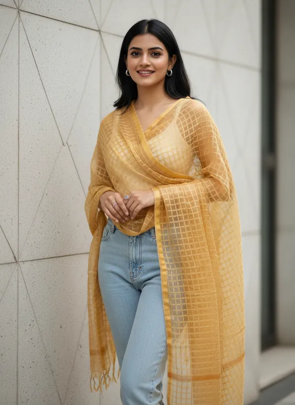 Beige_Banarasi_Bada_Check_/_Self-Color_Checkered_Dupatta_For_Women