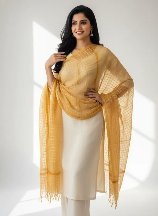Beige_Banarasi_Bada_Check_/_Self-Color_Checkered_Dupatta_For_Women