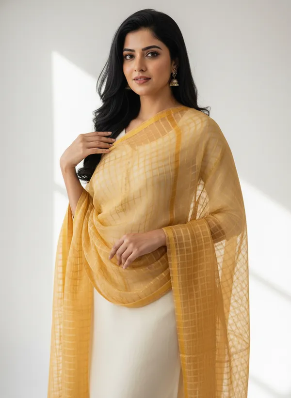 Beige_Banarasi_Bada_Check_/_Self-Color_Checkered_Dupatta_For_Women