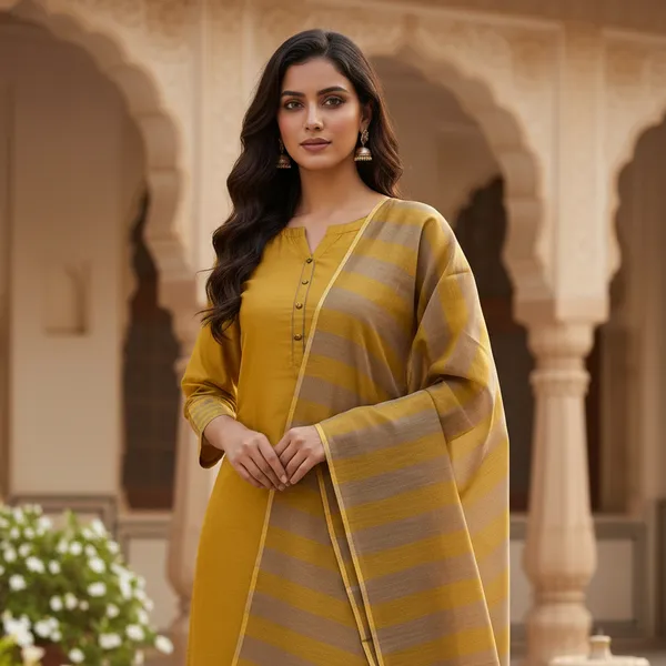 Musturd_Yellow_Banarasi_Cotton_Silk_Plain_Zari_Striped_Border_Unstitched_Suit_Set_with_Dupatta_|_Womens_Festive_Ethnic_Wear