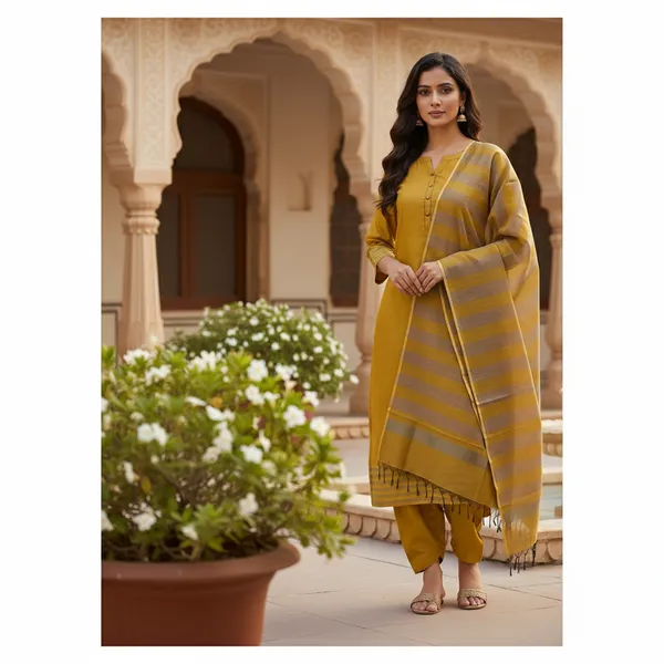 Musturd_Yellow_Banarasi_Cotton_Silk_Plain_Zari_Striped_Border_Unstitched_Suit_Set_with_Dupatta_|_Womens_Festive_Ethnic_Wear