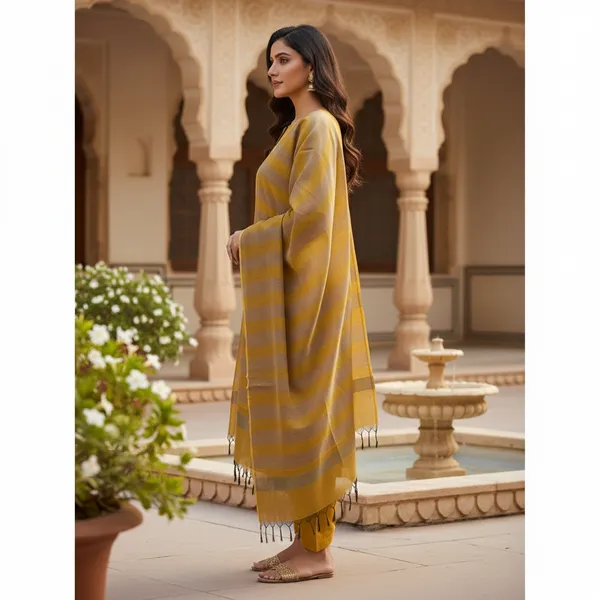 Musturd_Yellow_Banarasi_Cotton_Silk_Plain_Zari_Striped_Border_Unstitched_Suit_Set_with_Dupatta_|_Womens_Festive_Ethnic_Wear