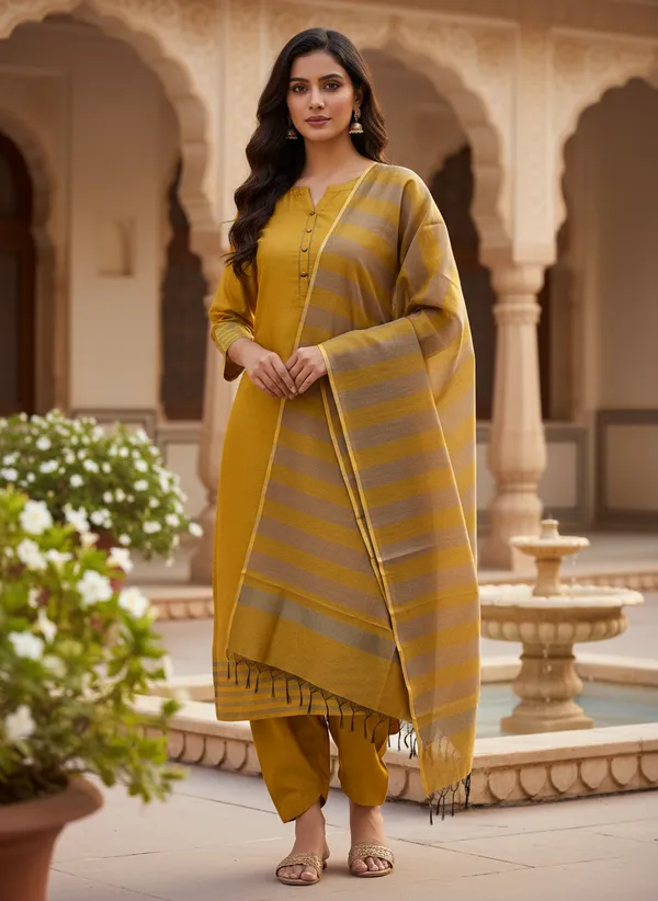 Musturd_Yellow_Banarasi_Cotton_Silk_Plain_Zari_Striped_Border_Unstitched_Suit_Set_with_Dupatta_|_Womens_Festive_Ethnic_Wear