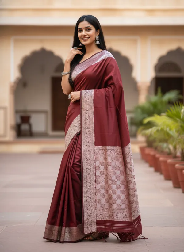 Maroon_Banarasi_Plain_Border_Silk_Saree_with_Heavy_Aachal