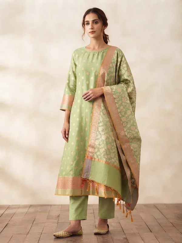 Pista_Banarasi_Cotton_Silk_Unstitched_Suit_Fabric_With_Dupatta_For_Women