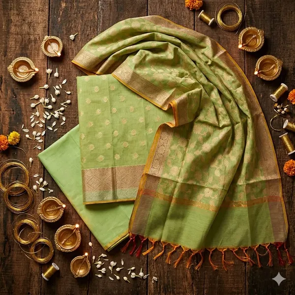 Pista_Banarasi_Cotton_Silk_Unstitched_Suit_Fabric_With_Dupatta_For_Women