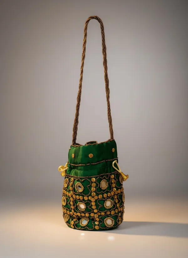 Green_Colour_Handcrafted_Banarasi_Brocade_Potli_Bag_with_Drawstring_Closure
