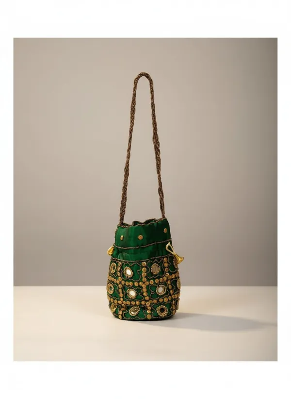 Green_Colour_Handcrafted_Banarasi_Brocade_Potli_Bag_with_Drawstring_Closure