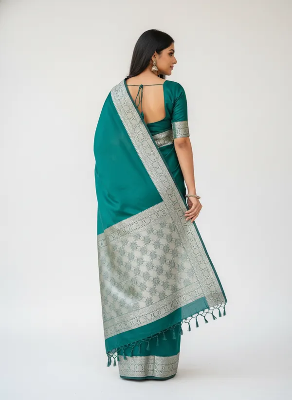 Green_Banarasi_Plain_Border_Silk_Saree_with_Heavy_Aachal
