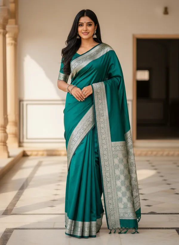 Green_Banarasi_Plain_Border_Silk_Saree_with_Heavy_Aachal