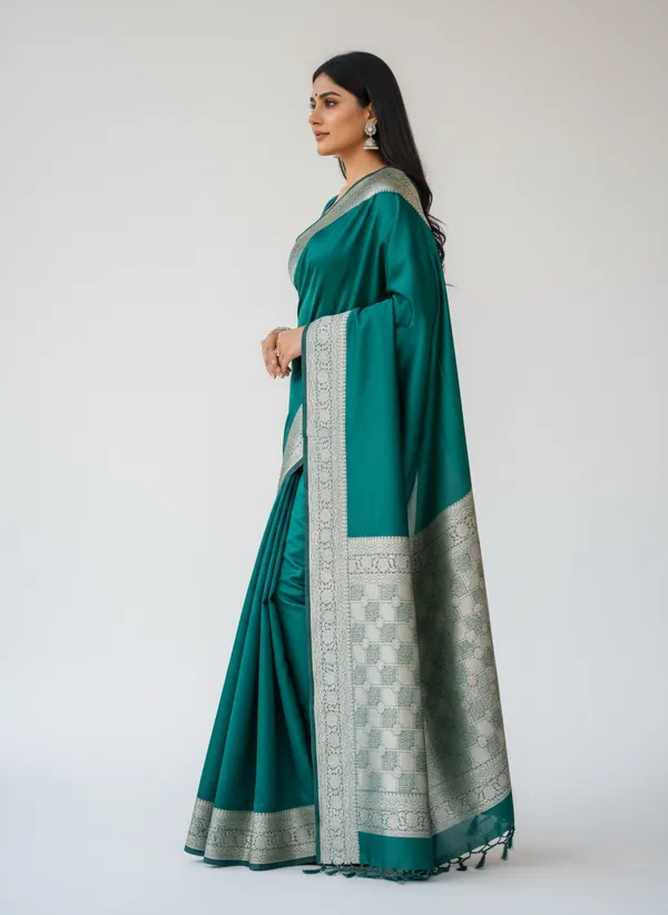 Green_Banarasi_Plain_Border_Silk_Saree_with_Heavy_Aachal