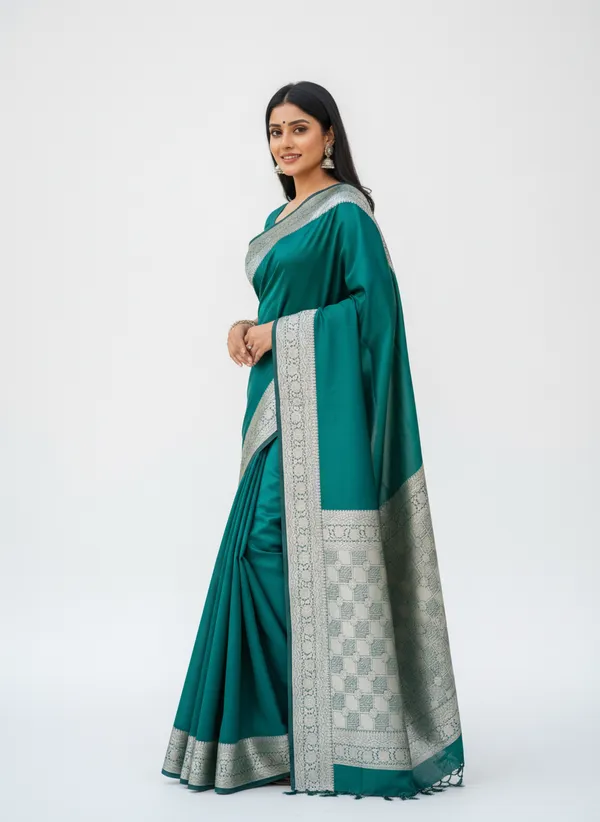 Green_Banarasi_Plain_Border_Silk_Saree_with_Heavy_Aachal