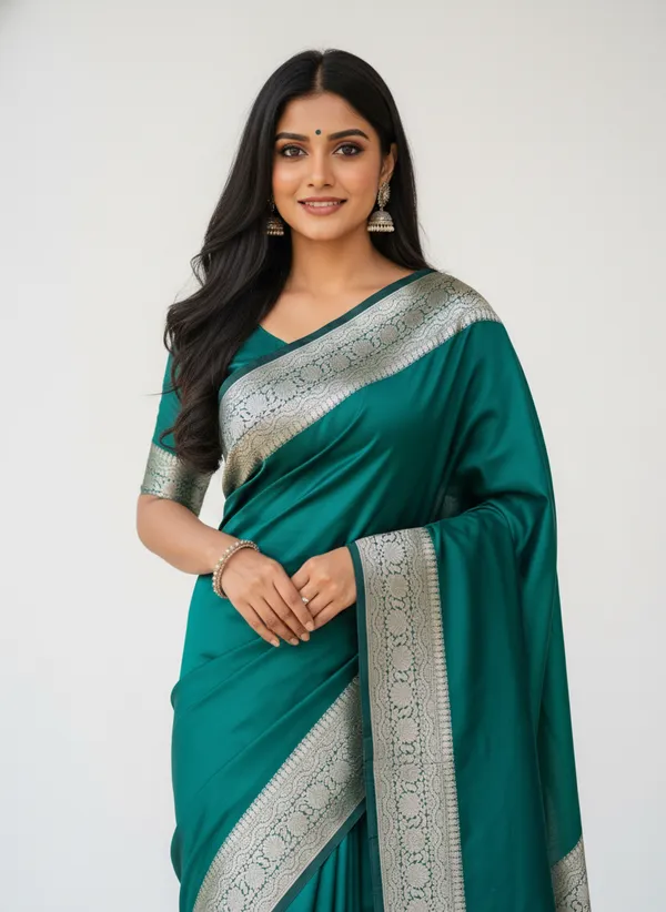 Green_Banarasi_Plain_Border_Silk_Saree_with_Heavy_Aachal