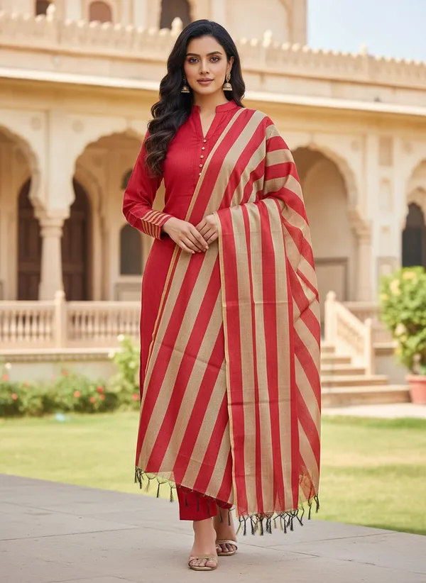 Red_Banarasi_Cotton_Silk_Plain_Zari_Striped_Border_Unstitched_Suit_Set_with_Dupatta_|_Womens_Festive_Ethnic_Wear