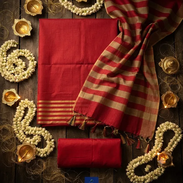 Red_Banarasi_Cotton_Silk_Plain_Zari_Striped_Border_Unstitched_Suit_Set_with_Dupatta_|_Womens_Festive_Ethnic_Wear