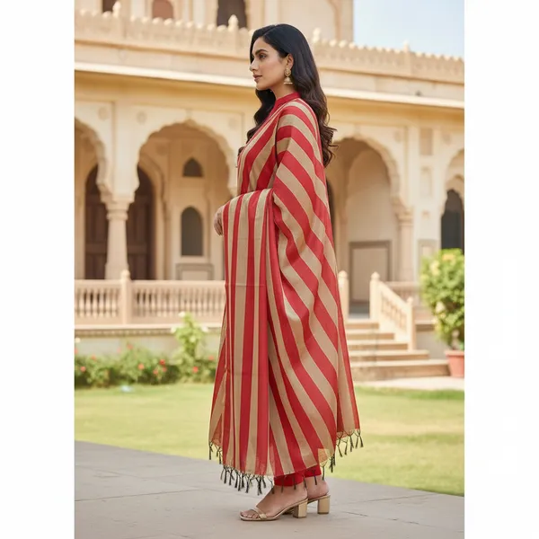 Red_Banarasi_Cotton_Silk_Plain_Zari_Striped_Border_Unstitched_Suit_Set_with_Dupatta_|_Womens_Festive_Ethnic_Wear