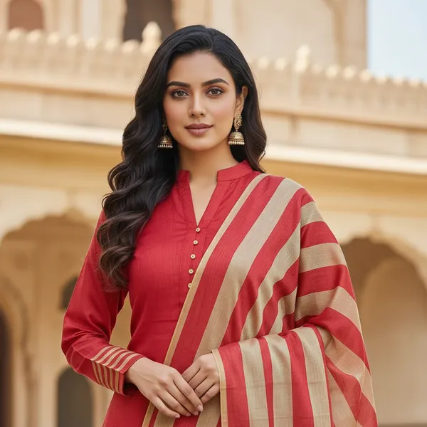 Red_Banarasi_Cotton_Silk_Plain_Zari_Striped_Border_Unstitched_Suit_Set_with_Dupatta_|_Womens_Festive_Ethnic_Wear