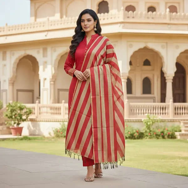 Red_Banarasi_Cotton_Silk_Plain_Zari_Striped_Border_Unstitched_Suit_Set_with_Dupatta_|_Womens_Festive_Ethnic_Wear