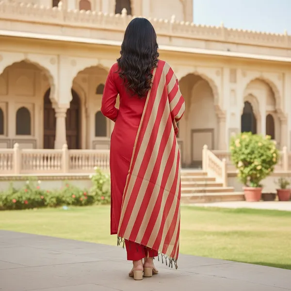 Red_Banarasi_Cotton_Silk_Plain_Zari_Striped_Border_Unstitched_Suit_Set_with_Dupatta_|_Womens_Festive_Ethnic_Wear