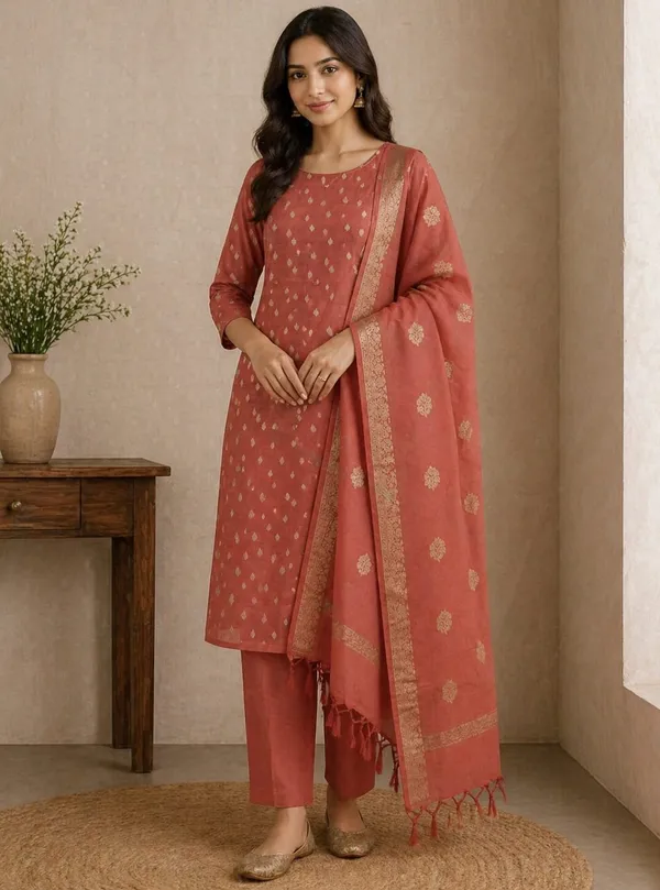Peach_Banarasi_Unstitched_Suit_Fabric_|_Cotton_Silk_Dress_Material_with_Zari_Weaving