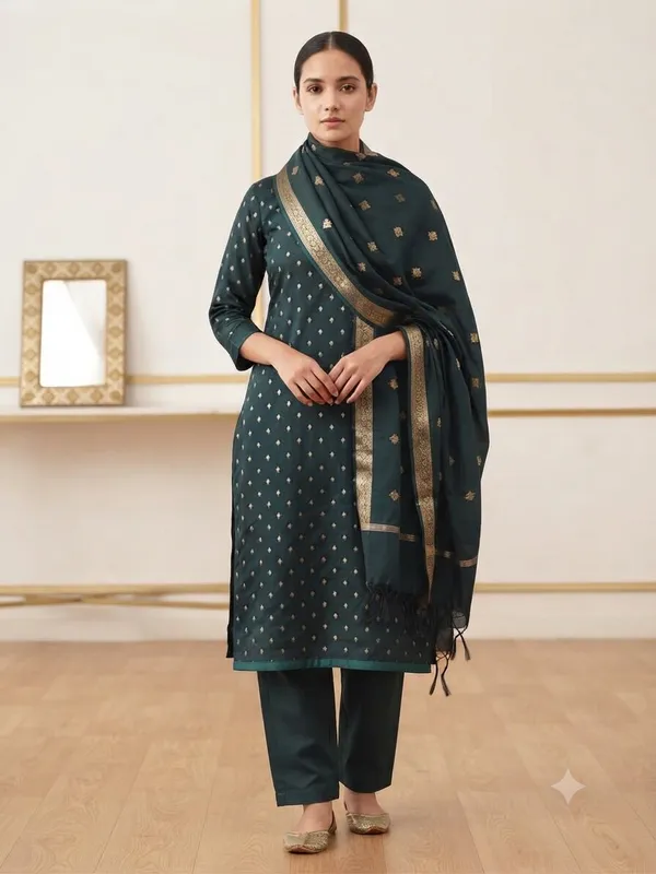 Bottle_green_Banarasi_Unstitched_Suit_Fabric_|_Cotton_Silk_Dress_Material_with_Zari_Weaving
