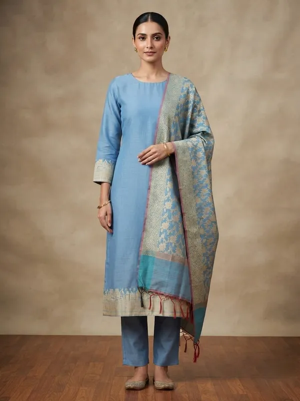 Light_Blue_Banarasi_Unstitched_Suit_Fabric_|_Cotton_Silk_Dress_Material_with_Zari_Weaving