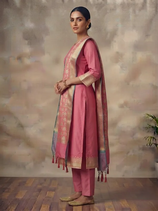 Light_Pink_Banarasi_Unstitched_Suit_Fabric_|_Cotton_Silk_Dress_Material_with_Zari_Weaving