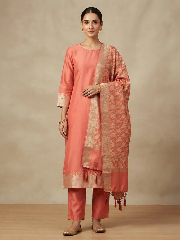 Peach_Banarasi_Unstitched_Suit_Fabric_|_Cotton_Silk_Dress_Material_with_Zari_Weaving