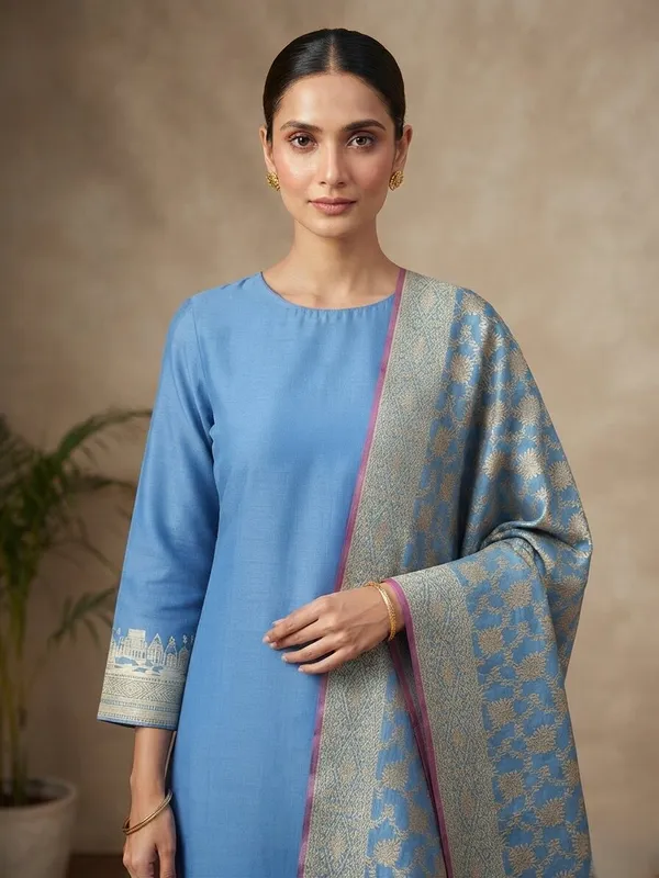 Peacockblue_Banarasi_Unstitched_Suit_Fabric_|_Cotton_Silk_Dress_Material_with_Zari_Weaving