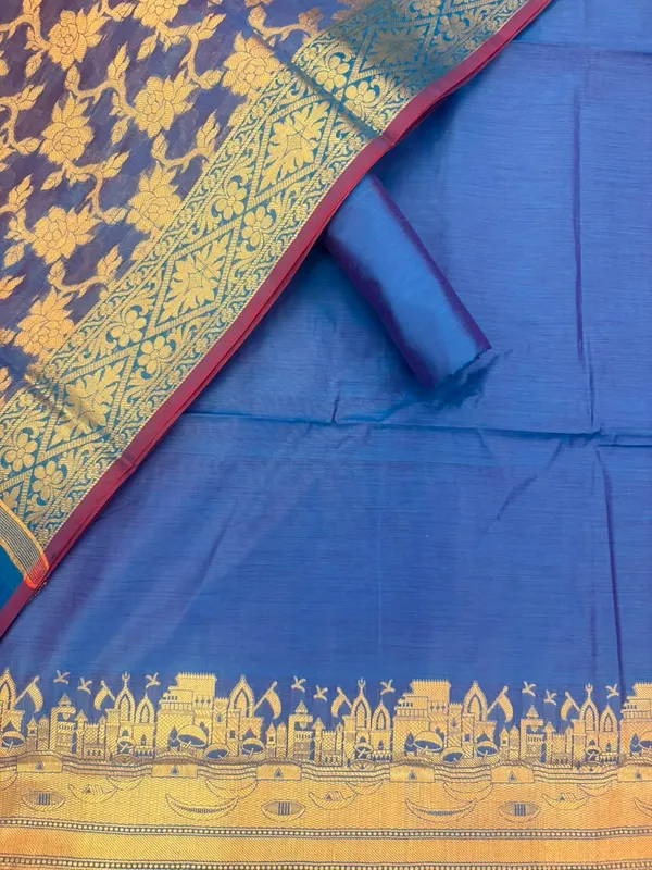 Peacockblue_Banarasi_Unstitched_Suit_Fabric_|_Cotton_Silk_Dress_Material_with_Zari_Weaving