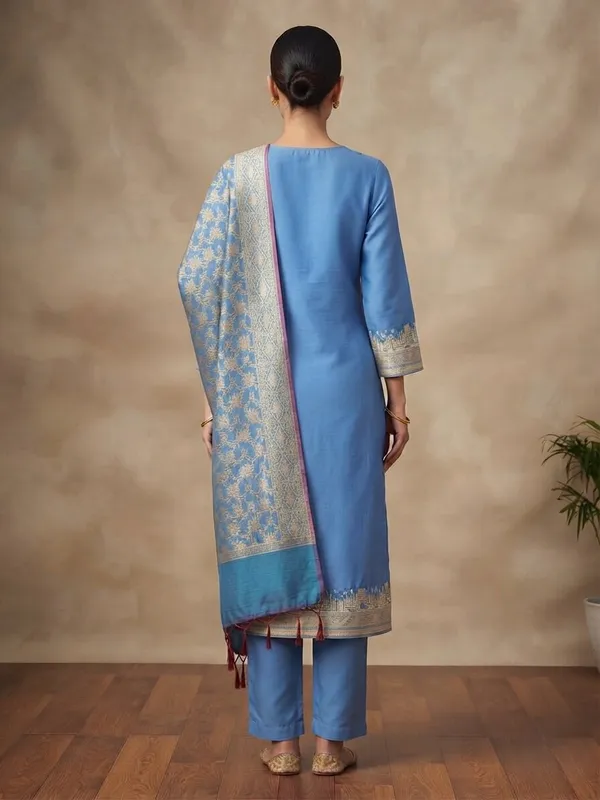 Peacockblue_Banarasi_Unstitched_Suit_Fabric_|_Cotton_Silk_Dress_Material_with_Zari_Weaving